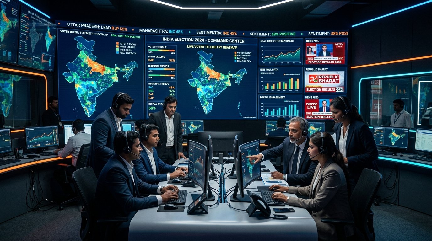 High-tech Indian political digital war room with multi-screen sentiment monitoring