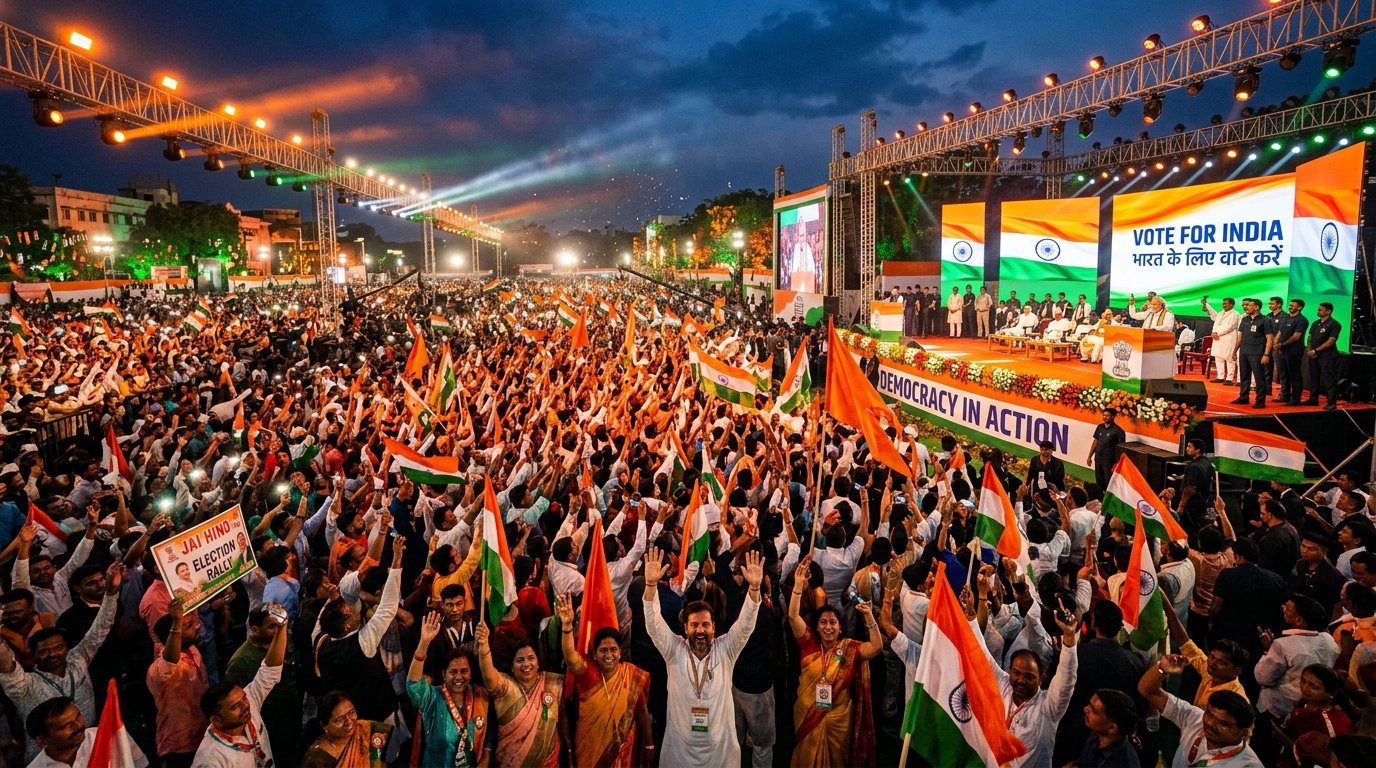Political campaign rally with massive enthusiastic crowd in India