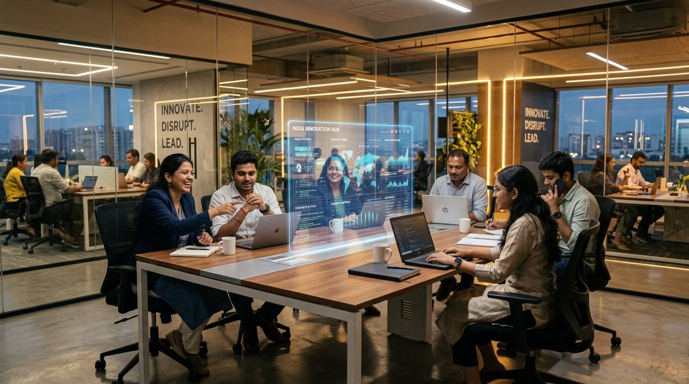 Modern technology studio in India with professional engineering team and holographic data screens